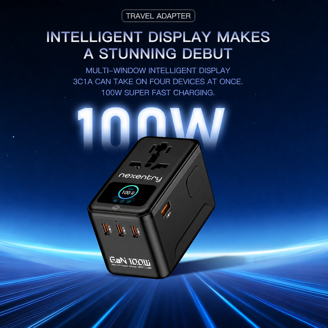 Nexentry GaN 100W Universal Travel Adapter with LCD Display