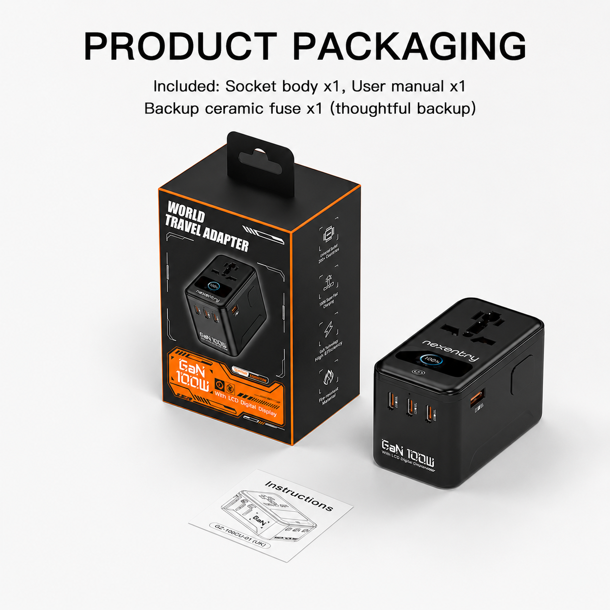 Nexentry GaN 100W Universal Travel Adapter with LCD Display